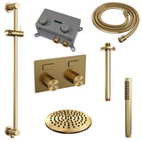 BRAUER Gold Carving thermostatische inbouw regendouche met drukknoppen SET 65 met 20 cm douchekop en plafondarm en staaf handdouche en doucheslang en geïntegreerde glijstang goud geborsteld PVD
