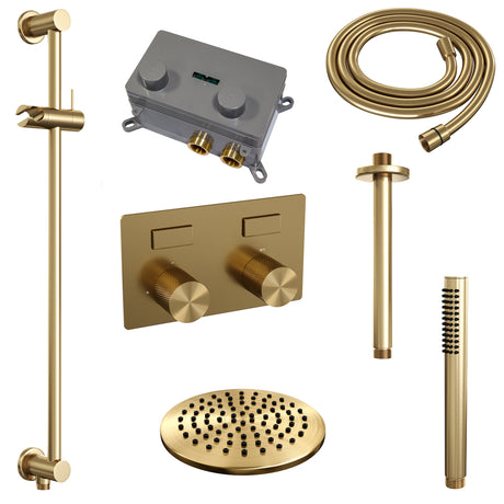 BRAUER Gold Carving thermostatische inbouw regendouche met drukknoppen SET 65 met 20 cm douchekop en plafondarm en staaf handdouche en doucheslang en geïntegreerde glijstang goud geborsteld PVD