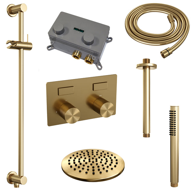 BRAUER Gold Carving thermostatische inbouw regendouche met drukknoppen SET 65 met 20 cm douchekop en plafondarm en staaf handdouche en doucheslang en geïntegreerde glijstang goud geborsteld PVD