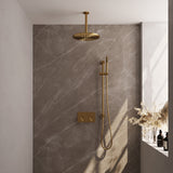 BRAUER Gold Carving thermostatische inbouw regendouche met drukknoppen SET 66 met 30 cm douchekop en plafondarm en staaf handdouche en doucheslang en geïntegreerde glijstang goud geborsteld PVD
