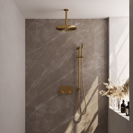BRAUER Gold Carving thermostatische inbouw regendouche met drukknoppen SET 66 met 30 cm douchekop en plafondarm en staaf handdouche en doucheslang en geïntegreerde glijstang goud geborsteld PVD
