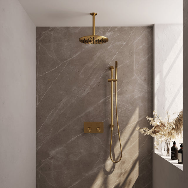 BRAUER Gold Carving thermostatische inbouw regendouche met drukknoppen SET 66 met 30 cm douchekop en plafondarm en staaf handdouche en doucheslang en geïntegreerde glijstang goud geborsteld PVD