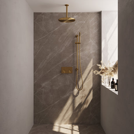 BRAUER Gold Carving thermostatische inbouw regendouche met drukknoppen SET 66 met 30 cm douchekop en plafondarm en staaf handdouche en doucheslang en geïntegreerde glijstang goud geborsteld PVD