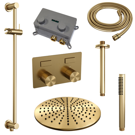 BRAUER Gold Carving thermostatische inbouw regendouche met drukknoppen SET 66 met 30 cm douchekop en plafondarm en staaf handdouche en doucheslang en geïntegreerde glijstang goud geborsteld PVD