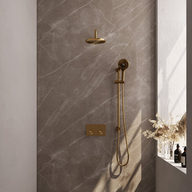 BRAUER Gold Carving thermostatische inbouw regendouche met drukknoppen SET 69 met 20 cm douchekop en gebogen muurarm en 3-standen handdouche en doucheslang en geïntegreerde glijstang goud geborsteld PVD
