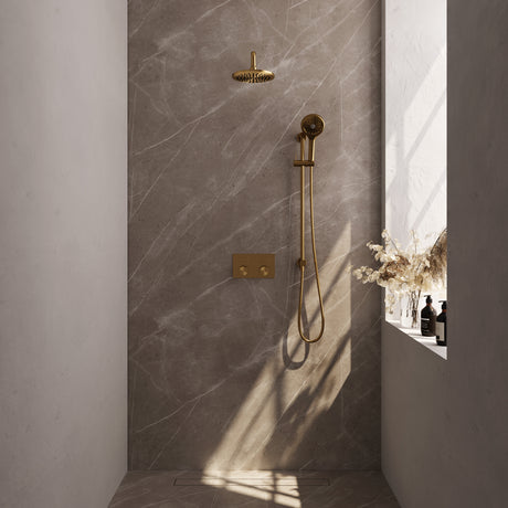 BRAUER Gold Carving thermostatische inbouw regendouche met drukknoppen SET 69 met 20 cm douchekop en gebogen muurarm en 3-standen handdouche en doucheslang en geïntegreerde glijstang goud geborsteld PVD