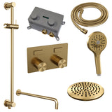 BRAUER Gold Carving thermostatische inbouw regendouche met drukknoppen SET 69 met 20 cm douchekop en gebogen muurarm en 3-standen handdouche en doucheslang en geïntegreerde glijstang goud geborsteld PVD