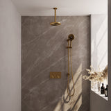 BRAUER Gold Carving thermostatische inbouw regendouche met drukknoppen SET 71 met 20 cm douchekop en plafondarm en 3-standen handdouche en doucheslang en geïntegreerde glijstang goud geborsteld PVD