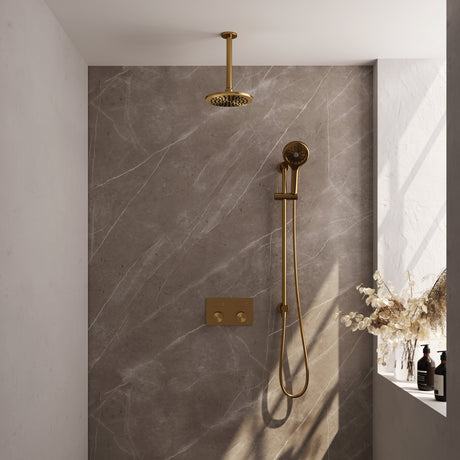 BRAUER Gold Carving thermostatische inbouw regendouche met drukknoppen SET 71 met 20 cm douchekop en plafondarm en 3-standen handdouche en doucheslang en geïntegreerde glijstang goud geborsteld PVD