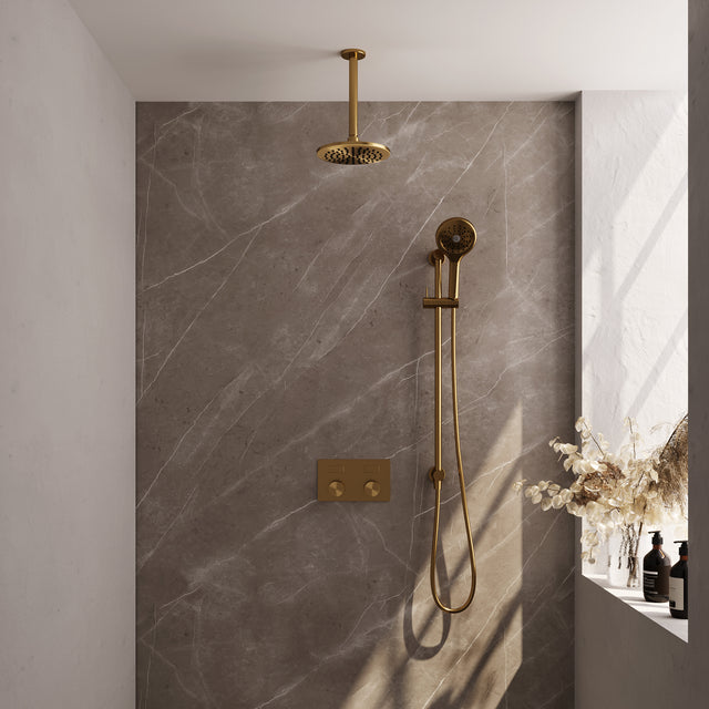 BRAUER Gold Carving thermostatische inbouw regendouche met drukknoppen SET 71 met 20 cm douchekop en plafondarm en 3-standen handdouche en doucheslang en geïntegreerde glijstang goud geborsteld PVD