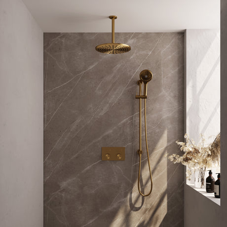 BRAUER Gold Carving thermostatische inbouw regendouche met drukknoppen SET 72 met 30 cm douchekop en plafondarm en 3-standen handdouche en doucheslang en geïntegreerde glijstang goud geborsteld PVD