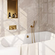BRAUER Gold Edition thermostatische inbouw badkraan met drukknoppen SET 03 met badvulcombinatie en staaf handdouche en doucheslang en wandaansluitbocht goud geborsteld PVD