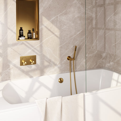 BRAUER Gold Edition thermostatische inbouw badkraan met drukknoppen SET 03 met badvulcombinatie en staaf handdouche en doucheslang en wandaansluitbocht goud geborsteld PVD