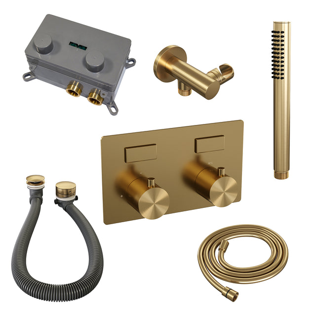BRAUER Gold Edition thermostatische inbouw badkraan met drukknoppen SET 03 met badvulcombinatie en staaf handdouche en doucheslang en wandaansluitbocht goud geborsteld PVD