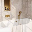 BRAUER Gold Edition thermostatische inbouw badkraan met drukknoppen SET 04 met badvulcombinatie en 3-standen handdouche en doucheslang en wandaansluitbocht goud geborsteld PVD