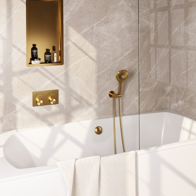 BRAUER Gold Edition thermostatische inbouw badkraan met drukknoppen SET 04 met badvulcombinatie en 3-standen handdouche en doucheslang en wandaansluitbocht goud geborsteld PVD