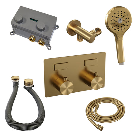 BRAUER Gold Edition thermostatische inbouw badkraan met drukknoppen SET 04 met badvulcombinatie en 3-standen handdouche en doucheslang en wandaansluitbocht goud geborsteld PVD