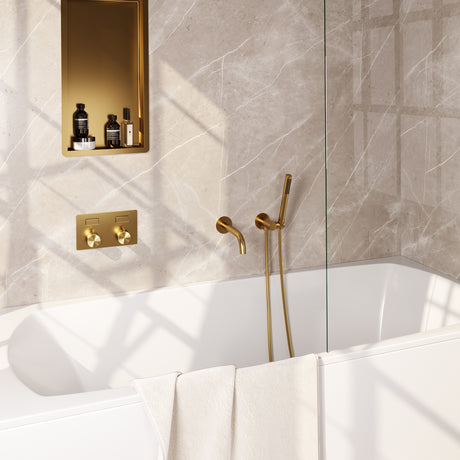 BRAUER Gold Edition thermostatische inbouw badkraan met drukknoppen SET 03 met uitloop en staaf handdouche en doucheslang en wandaansluitbocht goud geborsteld PVD