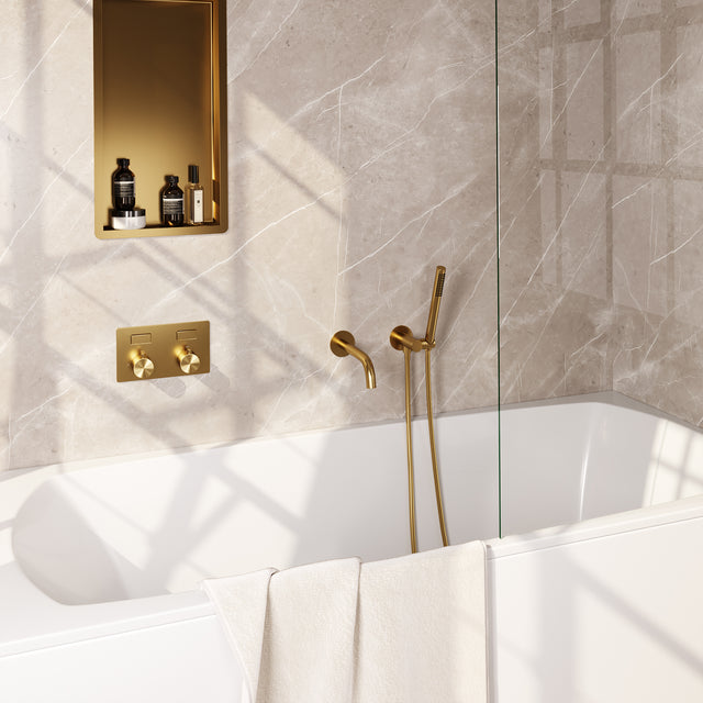 BRAUER Gold Edition thermostatische inbouw badkraan met drukknoppen SET 03 met uitloop en staaf handdouche en doucheslang en wandaansluitbocht goud geborsteld PVD