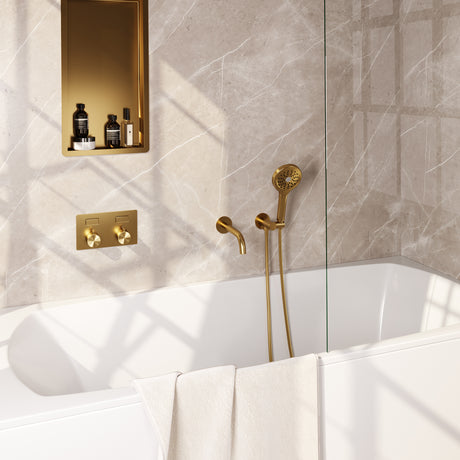 BRAUER Gold Edition thermostatische inbouw badkraan met drukknoppen SET 04 met uitloop en 3-standen handdouche en doucheslang en wandaansluitbocht goud geborsteld PVD