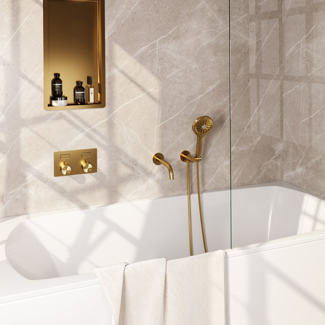 BRAUER Gold Edition thermostatische inbouw badkraan met drukknoppen SET 04 met uitloop en 3-standen handdouche en doucheslang en wandaansluitbocht goud geborsteld PVD