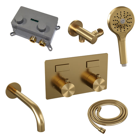 BRAUER Gold Edition thermostatische inbouw badkraan met drukknoppen SET 04 met uitloop en 3-standen handdouche en doucheslang en wandaansluitbocht goud geborsteld PVD