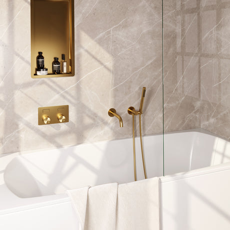 BRAUER Gold Carving thermostatische inbouw badkraan met drukknoppen SET 03 met uitloop en staaf handdouche en doucheslang en wandaansluitbocht goud geborsteld PVD