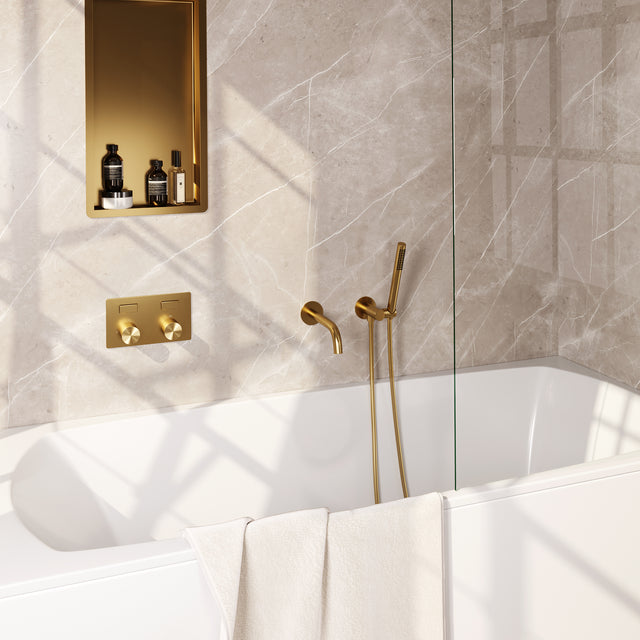 BRAUER Gold Carving thermostatische inbouw badkraan met drukknoppen SET 03 met uitloop en staaf handdouche en doucheslang en wandaansluitbocht goud geborsteld PVD