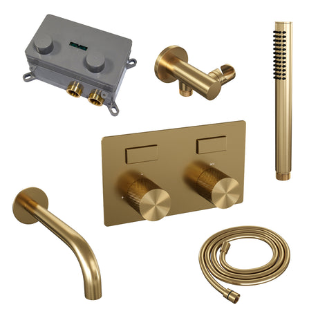BRAUER Gold Carving thermostatische inbouw badkraan met drukknoppen SET 03 met uitloop en staaf handdouche en doucheslang en wandaansluitbocht goud geborsteld PVD
