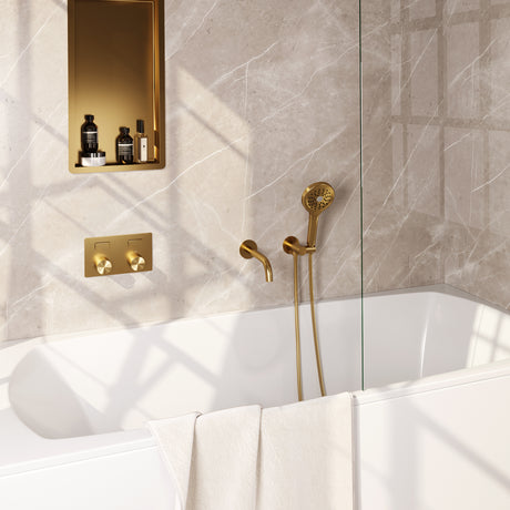 BRAUER Gold Carving thermostatische inbouw badkraan met drukknoppen SET 04 met uitloop en 3-standen handdouche en doucheslang en wandaansluitbocht goud geborsteld PVD
