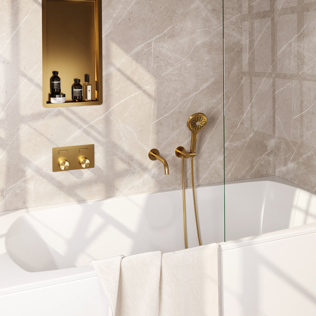 BRAUER Gold Carving thermostatische inbouw badkraan met drukknoppen SET 04 met uitloop en 3-standen handdouche en doucheslang en wandaansluitbocht goud geborsteld PVD