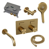 BRAUER Gold Carving thermostatische inbouw badkraan met drukknoppen SET 04 met uitloop en 3-standen handdouche en doucheslang en wandaansluitbocht goud geborsteld PVD