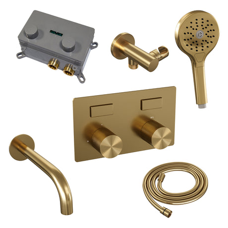 BRAUER Gold Carving thermostatische inbouw badkraan met drukknoppen SET 04 met uitloop en 3-standen handdouche en doucheslang en wandaansluitbocht goud geborsteld PVD