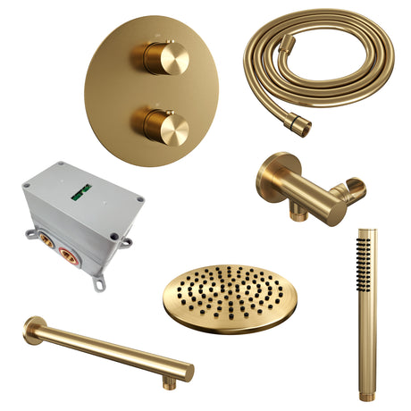 BRAUER Gold Edition thermostatische inbouw regendouche 3-weg rond SET 73 met 20 cm douchekop en rechte muurarm en staaf handdouche en doucheslang en wandaansluitbocht goud geborsteld PVD 5-GG-267