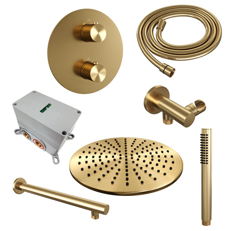 BRAUER Gold Edition thermostatische inbouw regendouche 3-weg rond SET 74 met 30 cm douchekop en rechte muurarm en staaf handdouche en doucheslang en wandaansluitbocht goud geborsteld PVD 5-GG-268