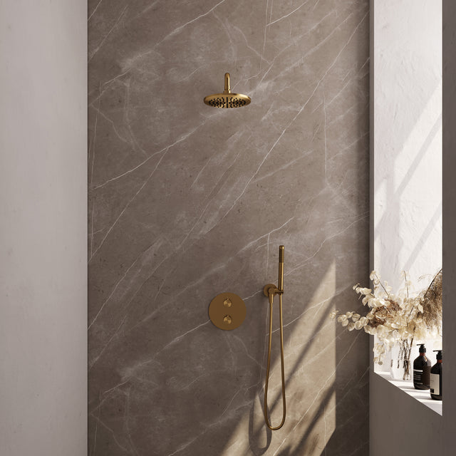 BRAUER Gold Edition thermostatische inbouw regendouche 3-weg rond SET 75 met 20 cm douchekop en gebogen muurarm en staaf handdouche en doucheslang en wandaansluitbocht goud geborsteld PVD 5-GG-269