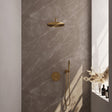 BRAUER Gold Edition thermostatische inbouw regendouche 3-weg rond SET 76 met 30 cm douchekop en gebogen muurarm en staaf handdouche en doucheslang en wandaansluitbocht goud geborsteld PVD 5-GG-270