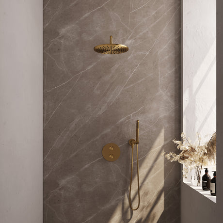 BRAUER Gold Edition thermostatische inbouw regendouche 3-weg rond SET 76 met 30 cm douchekop en gebogen muurarm en staaf handdouche en doucheslang en wandaansluitbocht goud geborsteld PVD 5-GG-270
