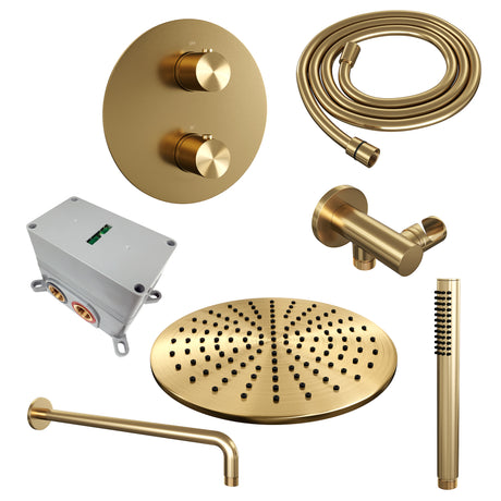 BRAUER Gold Edition thermostatische inbouw regendouche 3-weg rond SET 76 met 30 cm douchekop en gebogen muurarm en staaf handdouche en doucheslang en wandaansluitbocht goud geborsteld PVD 5-GG-270