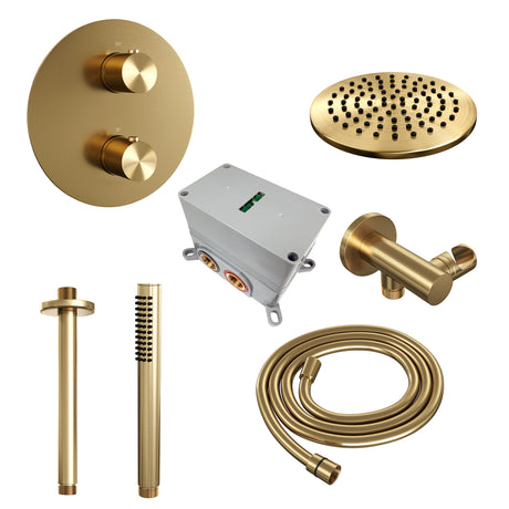 BRAUER Gold Edition thermostatische inbouw regendouche 3-weg rond SET 77 met 20 cm douchekop en plafondarm en staaf handdouche en doucheslang en wandaansluitbocht goud geborsteld PVD 5-GG-271