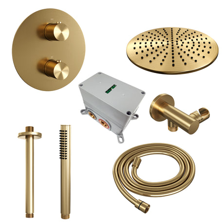 BRAUER Gold Edition thermostatische inbouw regendouche 3-weg rond SET 78 met 30 cm douchekop en plafondarm en staaf handdouche en doucheslang en wandaansluitbocht goud geborsteld PVD 5-GG-272