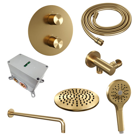 BRAUER Gold Edition thermostatische inbouw regendouche 3-weg rond SET 81 met 20 cm douchekop en gebogen muurarm en 3-standen handdouche en doucheslang en wandaansluitbocht goud geborsteld PVD 5-GG-275