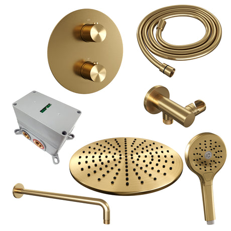 BRAUER Gold Edition thermostatische inbouw regendouche 3-weg rond SET 82 met 30 cm douchekop en gebogen muurarm en 3-standen handdouche en doucheslang en wandaansluitbocht goud geborsteld PVD 5-GG-276