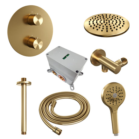 BRAUER Gold Edition thermostatische inbouw regendouche 3-weg rond SET 83 met 20 cm douchekop en plafondarm en 3-standen handdouche en doucheslang en wandaansluitbocht goud geborsteld PVD 5-GG-277