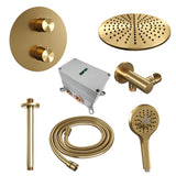 BRAUER Gold Edition thermostatische inbouw regendouche 3-weg rond SET 84 met 30 cm douchekop en plafondarm en 3-standen handdouche en doucheslang en wandaansluitbocht goud geborsteld PVD 5-GG-278