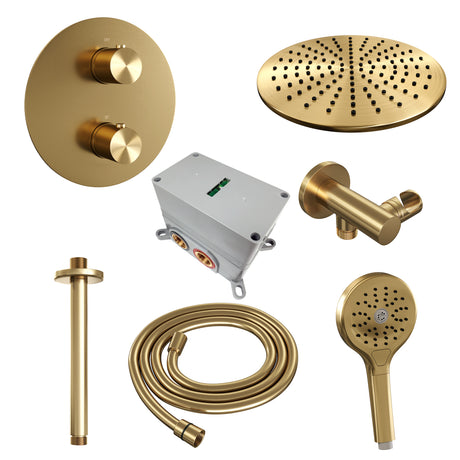 BRAUER Gold Edition thermostatische inbouw regendouche 3-weg rond SET 84 met 30 cm douchekop en plafondarm en 3-standen handdouche en doucheslang en wandaansluitbocht goud geborsteld PVD 5-GG-278