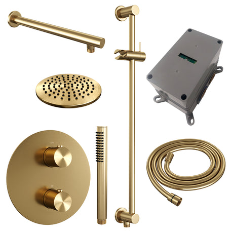 BRAUER Gold Edition thermostatische inbouw regendouche 3-weg rond SET 85 met 20 cm douchekop en rechte muurarm en staaf handdouche en doucheslang en geÃ¯ntegreerde glijstang goud geborsteld PVD 5-GG-279