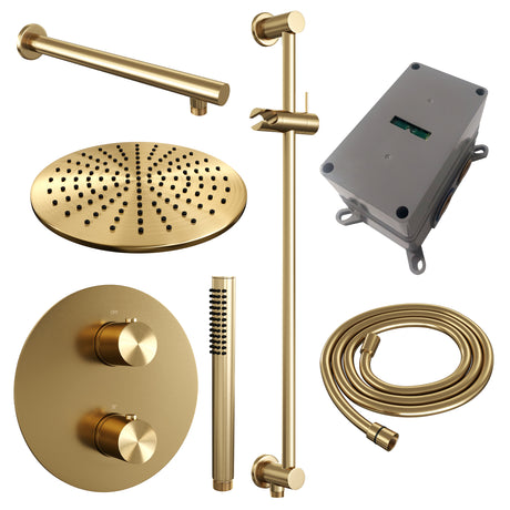 BRAUER Gold Edition thermostatische inbouw regendouche 3-weg rond SET 86 met 30 cm douchekop en rechte muurarm en staaf handdouche en doucheslang en geÃ¯ntegreerde glijstang goud geborsteld PVD 5-GG-280