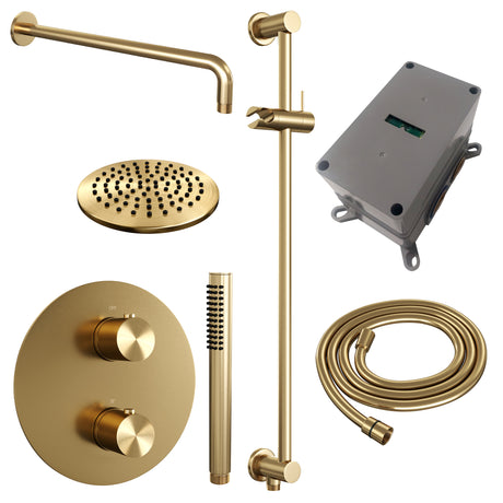 BRAUER Gold Edition thermostatische inbouw regendouche 3-weg rond SET 87 met 20 cm douchekop en gebogen muurarm en staaf handdouche en doucheslang en geÃ¯ntegreerde glijstang goud geborsteld PVD 5-GG-281