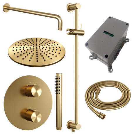 BRAUER Gold Edition thermostatische inbouw regendouche 3-weg rond SET 88 met 30 cm douchekop en gebogen muurarm en staaf handdouche en doucheslang en geÃ¯ntegreerde glijstang goud geborsteld PVD 5-GG-282